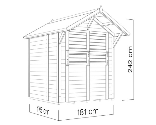 Tekening van een tuinhuis met de afmetingen 175 cm bij 181 cm bij 242 cm.