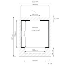 Plattegrond met afmetingen in centimeters en vierkante meters