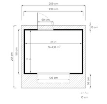Plattegrondtekening met maatvoering in centimeters en vierkante meters