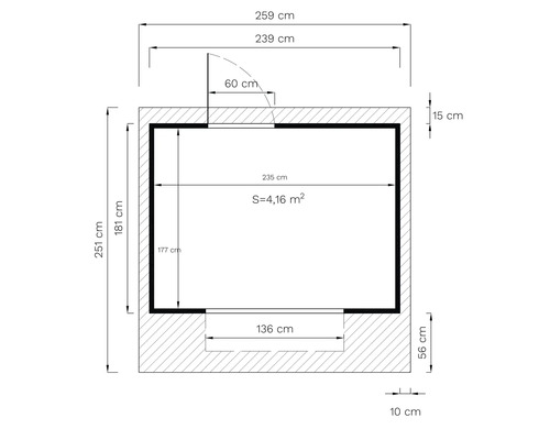 Plattegrondtekening met maatvoering in centimeters en vierkante meters