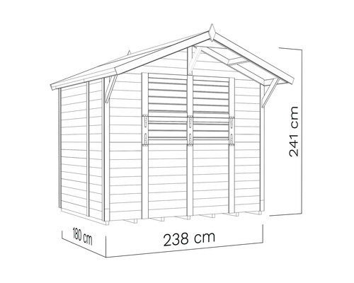 Afbeelding van een tuinhuis met afmetingen