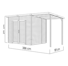 Afbeelding van een tuinhuis met de afmetingen 386 cm lang, 211 cm hoog en 181 cm breed