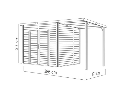 Afbeelding van een tuinhuis met de afmetingen 386 cm lang, 211 cm hoog en 181 cm breed