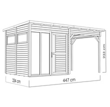 Afbeelding van een tuinhuis met carport en maataanduidingen