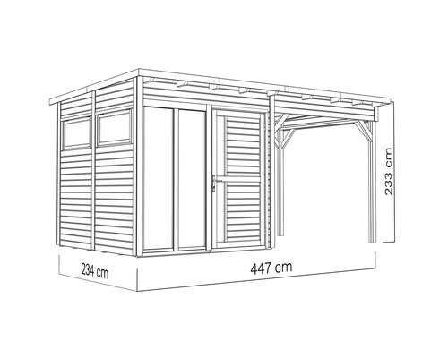 Afbeelding van een tuinhuis met carport en maataanduidingen