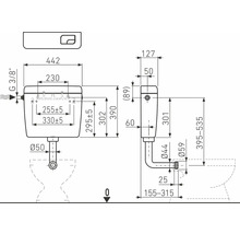 Technische tekening van een stortbak met afmetingen