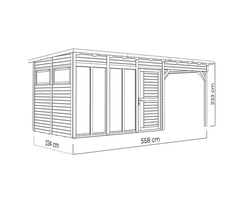 Tekening van een houten tuinhuis met afmetingen