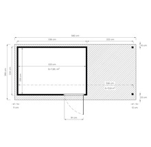 Plattegrondtekening van een tuinhuis met afmetingen