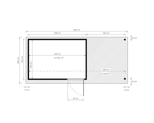 Plattegrondtekening van een tuinhuis met afmetingen