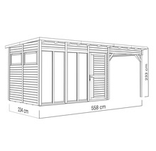 Illustratie van een tuinhuis met afmetingen van 234 cm breed, 558 cm lang en 233 cm hoog