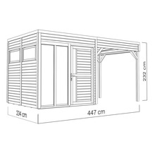 Afbeelding van een tuinhuis met carport en maatvoering