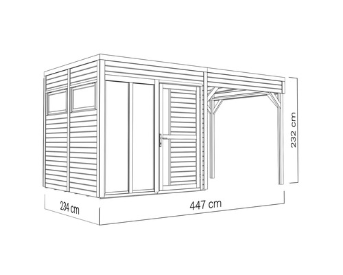 Afbeelding van een tuinhuis met carport en maatvoering