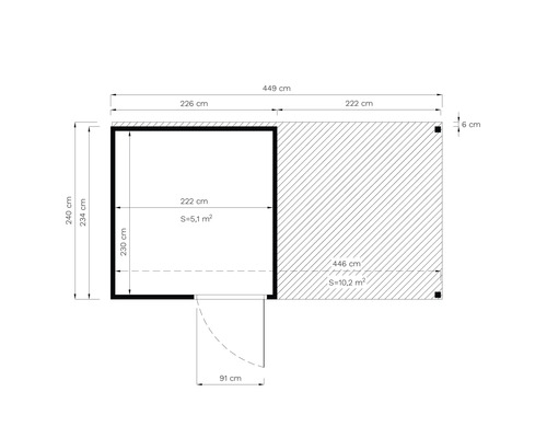 Technische tekening van een tuinhuis met afmetingen