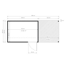 Plattegrond van een tuinhuis met afmetingen