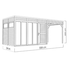 Afbeelding van een tuinhuis met carport en maatvoering
