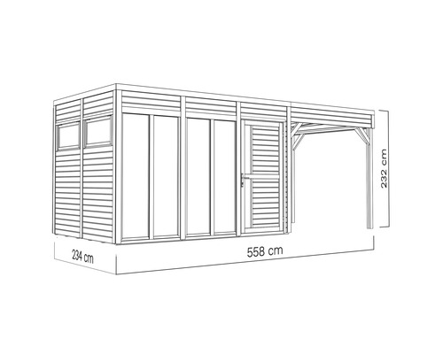 Afbeelding van een tuinhuis met carport en maatvoering
