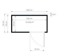 Plattegrond met afmetingen 234 centimeter breed, 121 centimeter hoog en een oppervlakte van 2,55 vierkante meter.