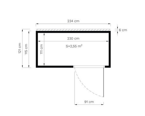 Plattegrond met afmetingen 234 centimeter breed, 121 centimeter hoog en een oppervlakte van 2,55 vierkante meter.