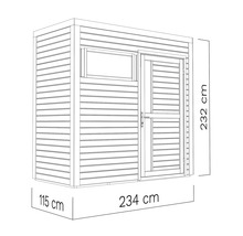 Tekening van een tuinhuis met de afmetingen 115 cm x 234 cm x 232 cm