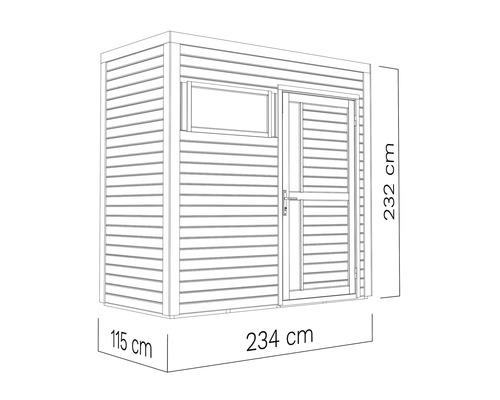 Tekening van een tuinhuis met de afmetingen 115 cm x 234 cm x 232 cm