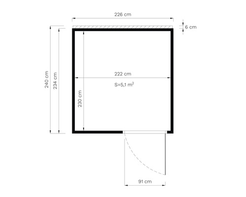 Technische tekening van een tuinhuis met afmetingen