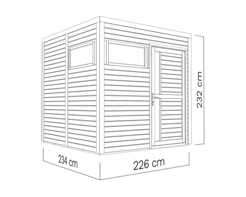 Illustratie van een tuinhuis met de afmetingen 234 x 226 x 232 cm