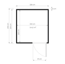 Technische tekening van een tuinhuis met afmetingen van 240 x 226 centimeter en een oppervlakte van 5,1 vierkante meter.