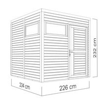 Afbeelding van een tuinhuis met de afmetingen 234 x 226 x 232 cm.