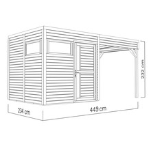 Illustratie van een tuinhuis met overkapping en maatvoering: 234 cm breed, 449 cm lang en 232 cm hoog.