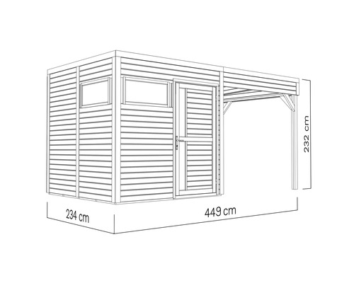Illustratie van een tuinhuis met overkapping en maatvoering: 234 cm breed, 449 cm lang en 232 cm hoog.