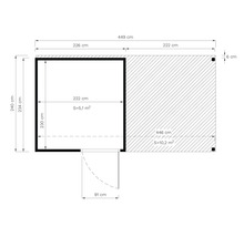 Plattegrond van een tuinhuis met afmetingen van 449 bij 446 centimeter en een oppervlakte van 15,3 vierkante meter