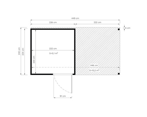 Plattegrond van een tuinhuis met afmetingen van 449 bij 446 centimeter en een oppervlakte van 15,3 vierkante meter