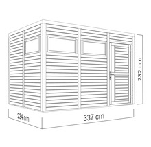 Afbeelding van een tuinhuis met afmetingen