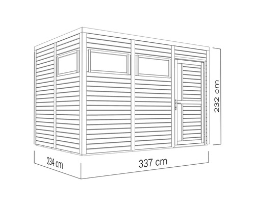 Bovenaanzicht van een tuinhuis met afmetingen van 234 cm, 337 cm en 232 cm