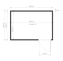 Plattegrond met afmetingen: 240 centimeter hoog, 336 centimeter breed, oppervlakte 7,65 vierkante meter