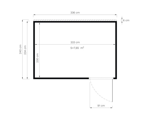 Plattegrond met afmetingen: 240 centimeter hoog, 336 centimeter breed, oppervlakte 7,65 vierkante meter