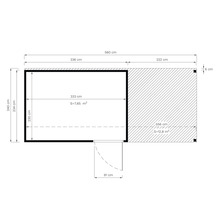 Plattegrondtekening van een tuinhuis met afmetingen