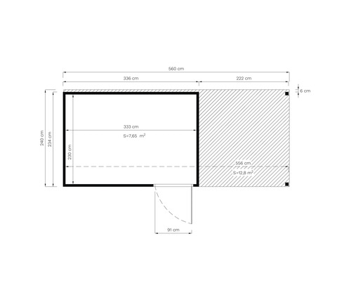 Plattegrondtekening van een tuinhuis met afmetingen