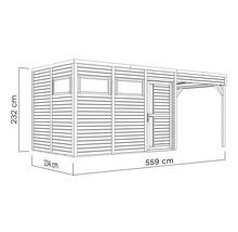Afbeelding van een tuinhuis met de afmetingen 234 cm x 559 cm x 232 cm
