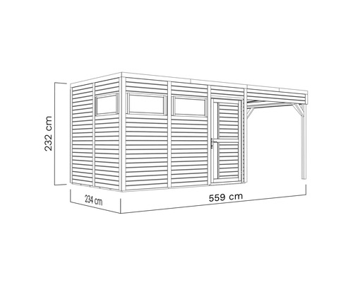 Afbeelding van een tuinhuis met de afmetingen 234 cm x 559 cm x 232 cm