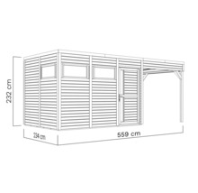 Illustratie van een tuinhuis met afdak en maatvoering
