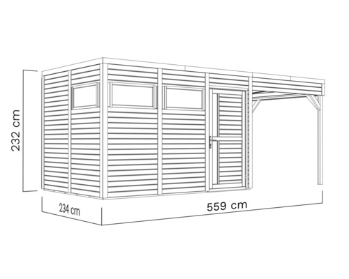 Illustratie van een tuinhuis met afdak en maatvoering