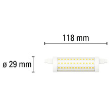 Afbeelding van een ledlamp met de afmetingen 118 mm lengte en 29 mm diameter.