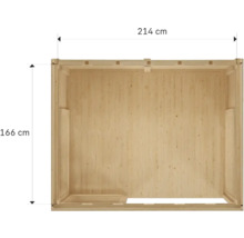 Overzicht van een houten huis met afmetingen van 214 bij 166 centimeter.