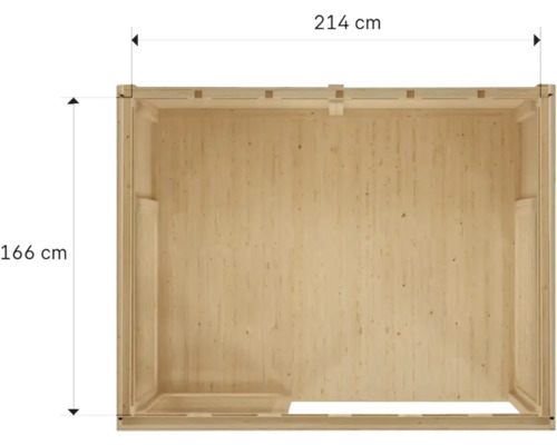 Overzicht van een houten huis met afmetingen van 214 bij 166 centimeter.