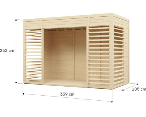 Houten tuinhuis met de afmetingen 232 x 339 x 185 cm