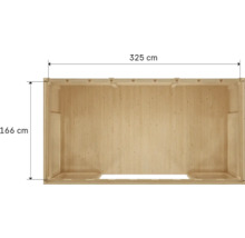 Bovenaanzicht van een houten huis met afmetingen van 325 bij 166 centimeter.