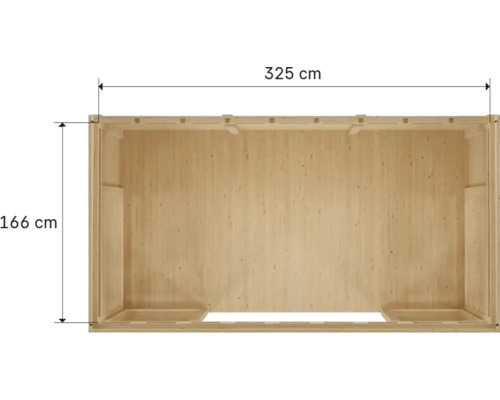 Bovenaanzicht van een houten huis met afmetingen van 325 bij 166 centimeter.