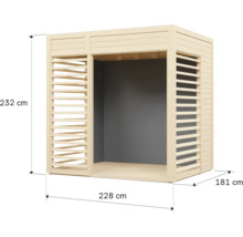 Houten tuinhuis met afmetingen 232 cm hoogte, 228 cm lengte en 181 cm breedte