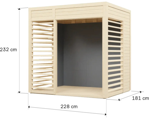 Houten tuinhuis met afmetingen 232 cm hoogte, 228 cm lengte en 181 cm breedte